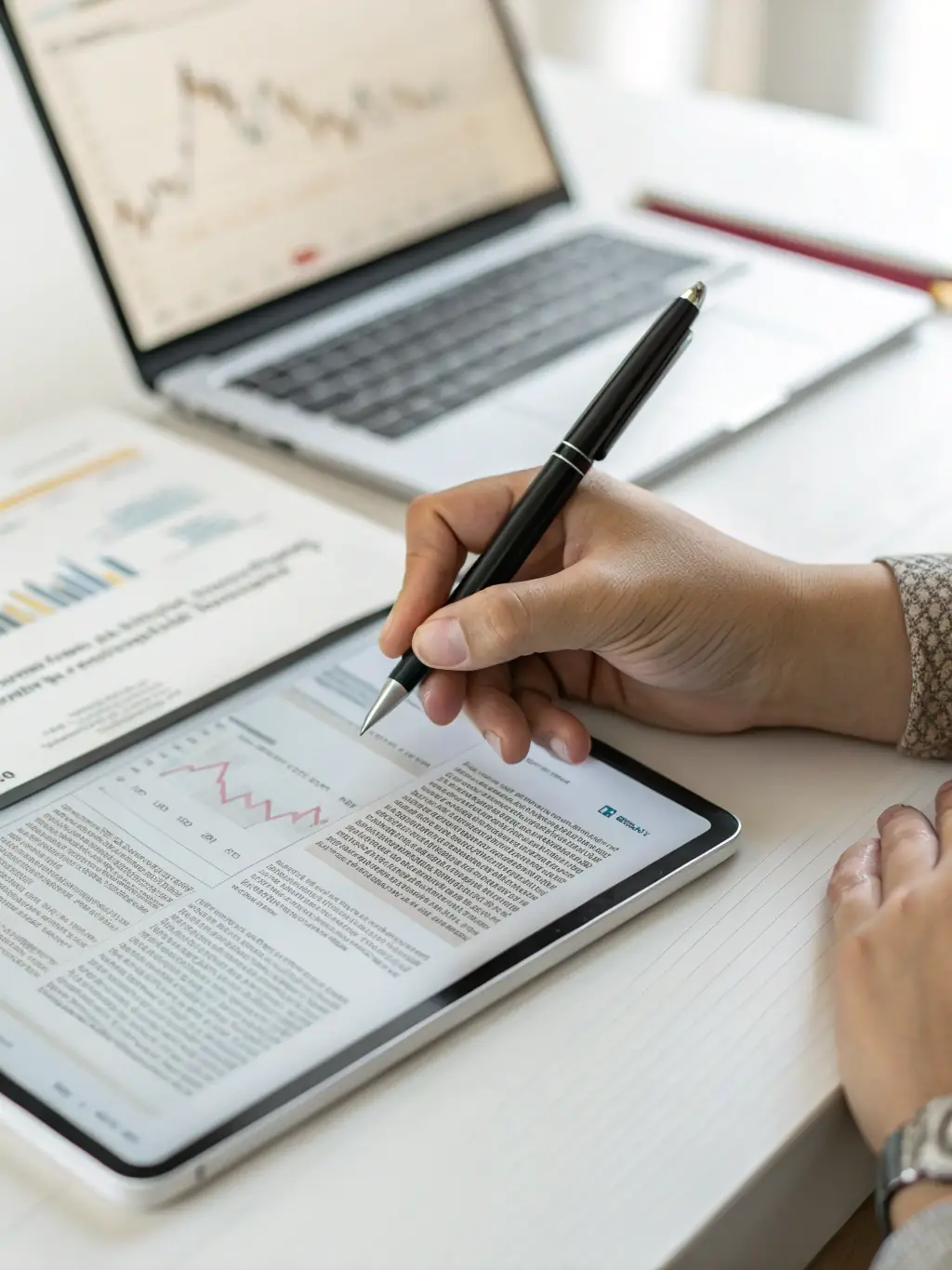A hand holding a pen, writing persuasive copy on a notepad, with a laptop displaying sales data in the background, symbolizing DuoHaus Marketing's direct response copywriting services.